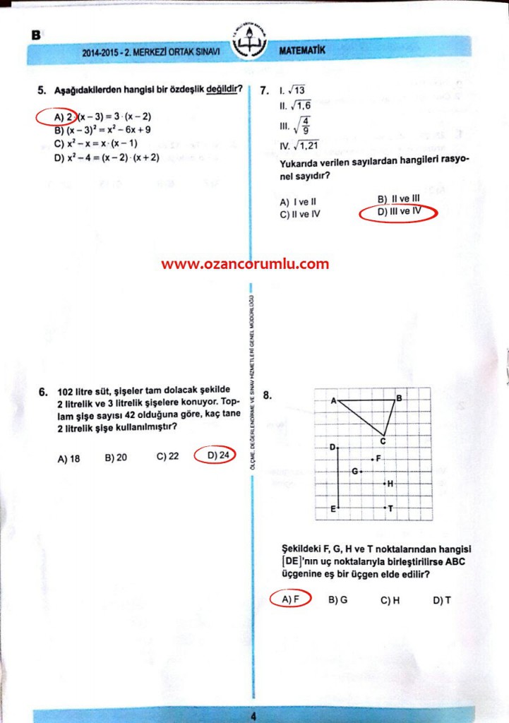 TEOG 2015 2. Dönem Matematik Soru ve Cevapları | ozancorumlu.com